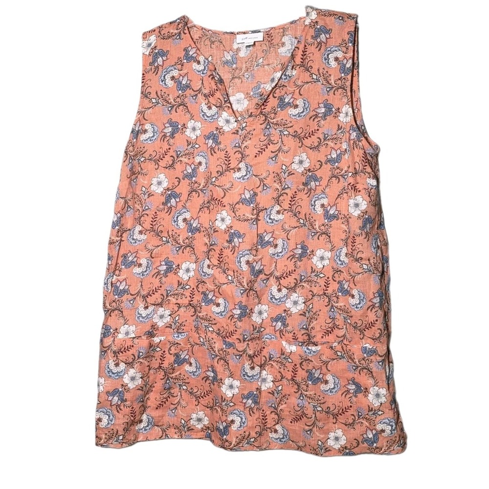 J. Jill Love Linen Floral S Sleeveless Top Blouse Tank Chore Housecoat Pockets